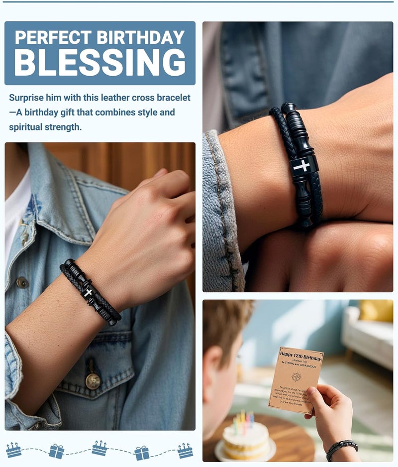 UNGENT THEM Joshua 1:9 Encouraging Christian Birthday Gifts for Boys Teens Men, Bible Verse Leather Cross Bracelet - Image 2